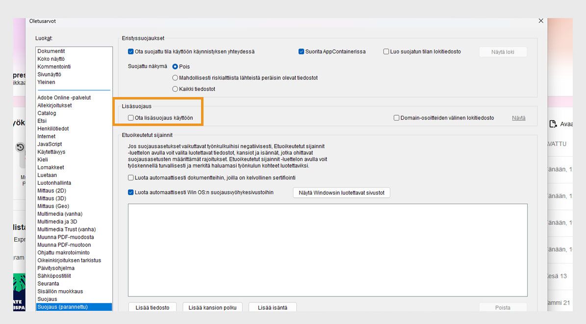 Oletusarvot-valintaikkunassa ei ole valittu Ota käyttöön parannettu suojaus -ruutua.