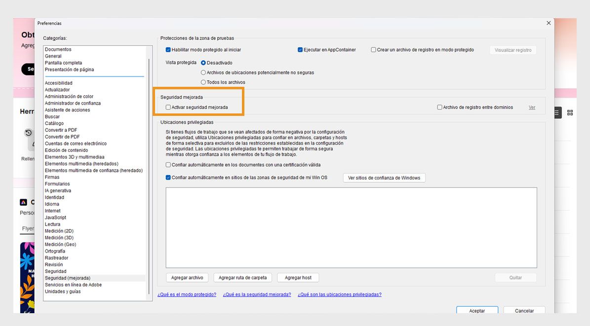 El cuadro de diálogo Preferencias muestra la opción Activar seguridad mejorada desactivada.