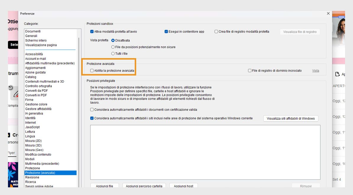 La finestra di dialogo Preferenze mostra l’opzione Abililta la protezione avanzata deselezionata.