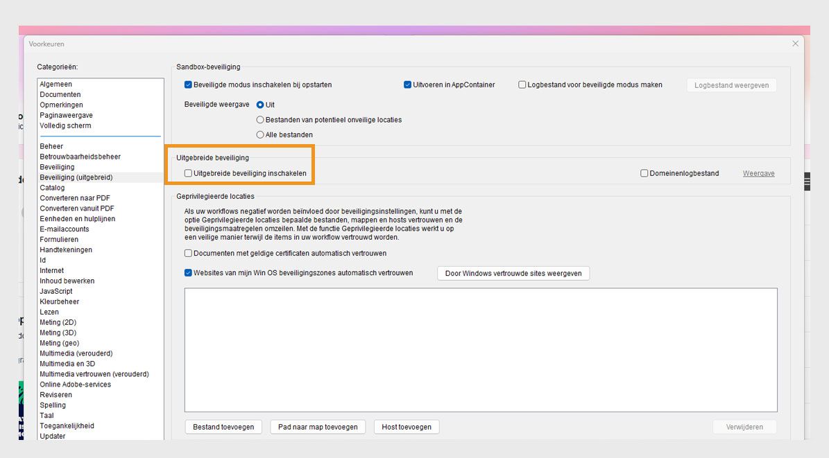 Het dialoogvenster Voorkeuren toont de optie Verbeterde beveiliging inschakelen uitgeschakeld.