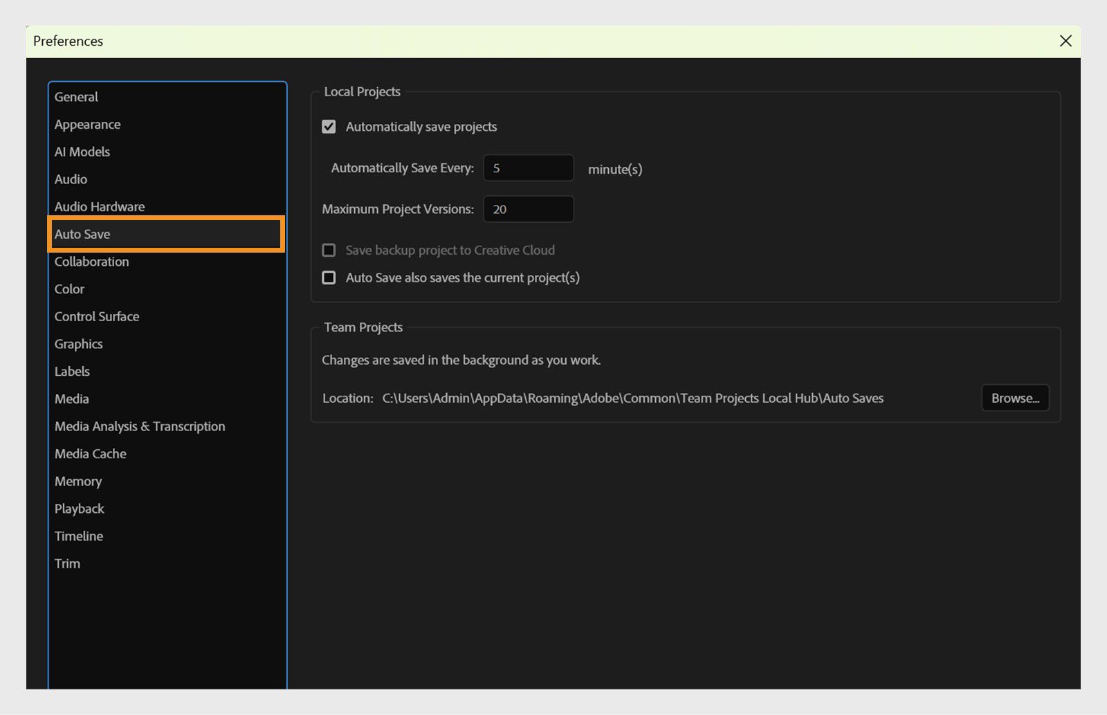 El cuadro de diálogo Preferencias muestra los paneles de Guardado automático con opciones como Guardar proyectos automáticamente, Número máximo de versiones del proyecto y más.    