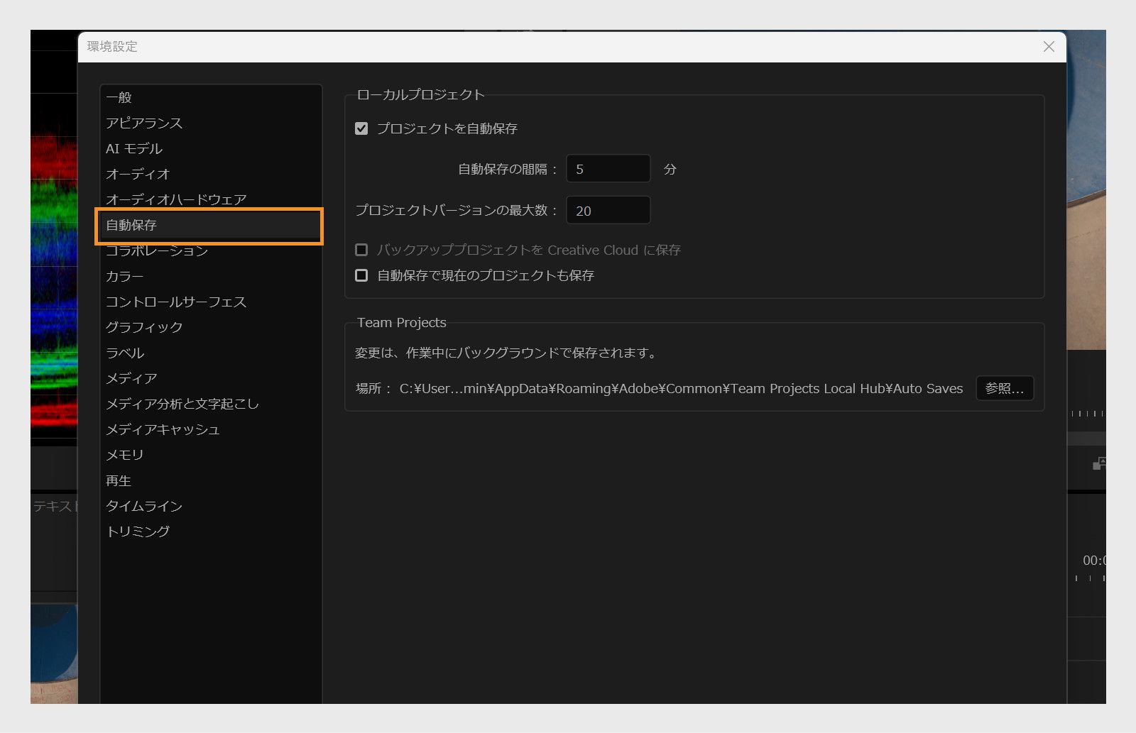 環境設定ダイアログボックスには、「プロジェクトを自動保存」、「プロジェクトバージョンの最大数」などのオプションを含む自動保存パネルが表示されます。    