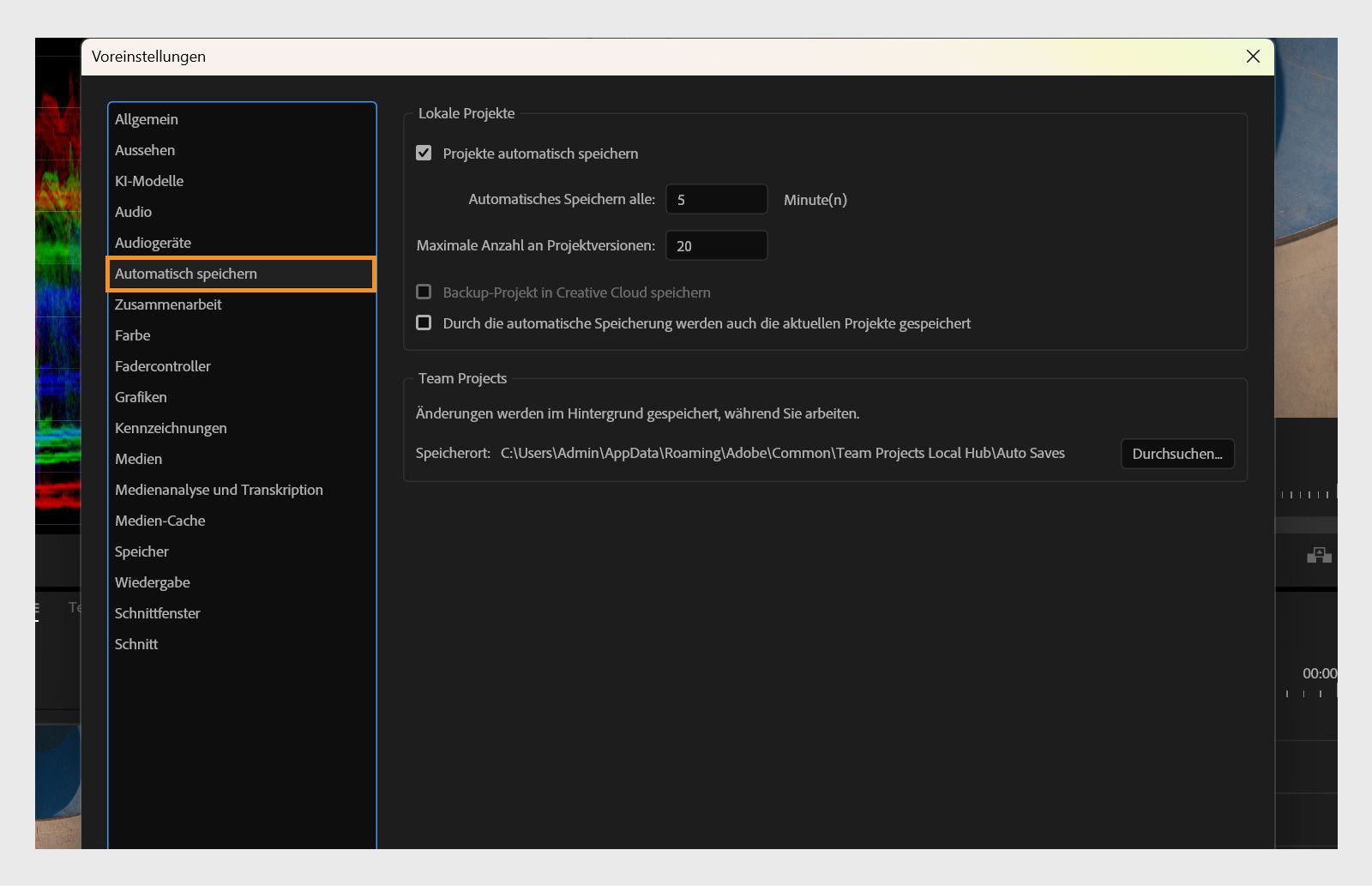 Das Dialogfeld „Voreinstellungen“ zeigt die Bedienfelder für automatisches Speichern mit Optionen wie „Projekte automatisch speichern“, „Maximale Anzahl an Projektversionen“ und mehr.     