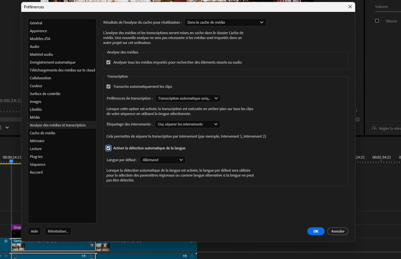La boîte de dialogue Préférences est ouverte et l'option Analyse des médias et transcription est sélectionnée pour afficher des paramètres tels que l'analyse visuelle et la transcription.