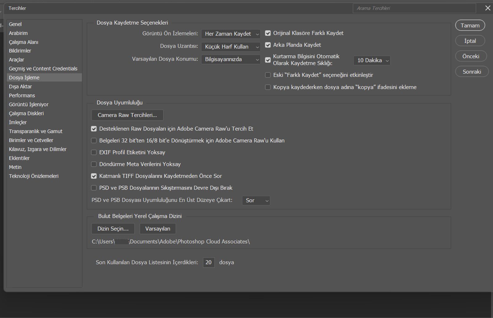 Tercihler iletişim kutusu açık ve dosya kaydetme davranışları, kurtarma aralıkları, varsayılan dosya konumları ve uyumluluk ayarlarını düzenleme seçeneklerini içeren Dosya İşleme paneli görüntüleniyor.