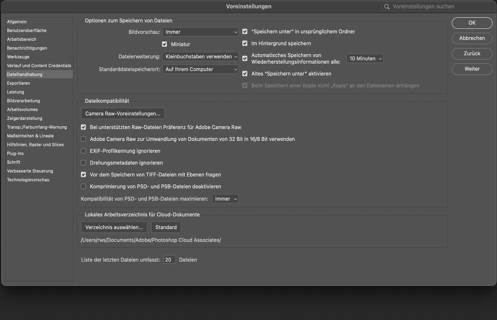 Das Dialogfeld „Voreinstellungen&quot; ist geöffnet und das Bedienfeld für die Dateiverarbeitung wird mit Optionen zum Einstellen des Dateispeicherverhaltens, der Wiederherstellungsintervalle, der Standard-Dateispeicherorte und der Kompatibilitätseinstellungen angezeigt.