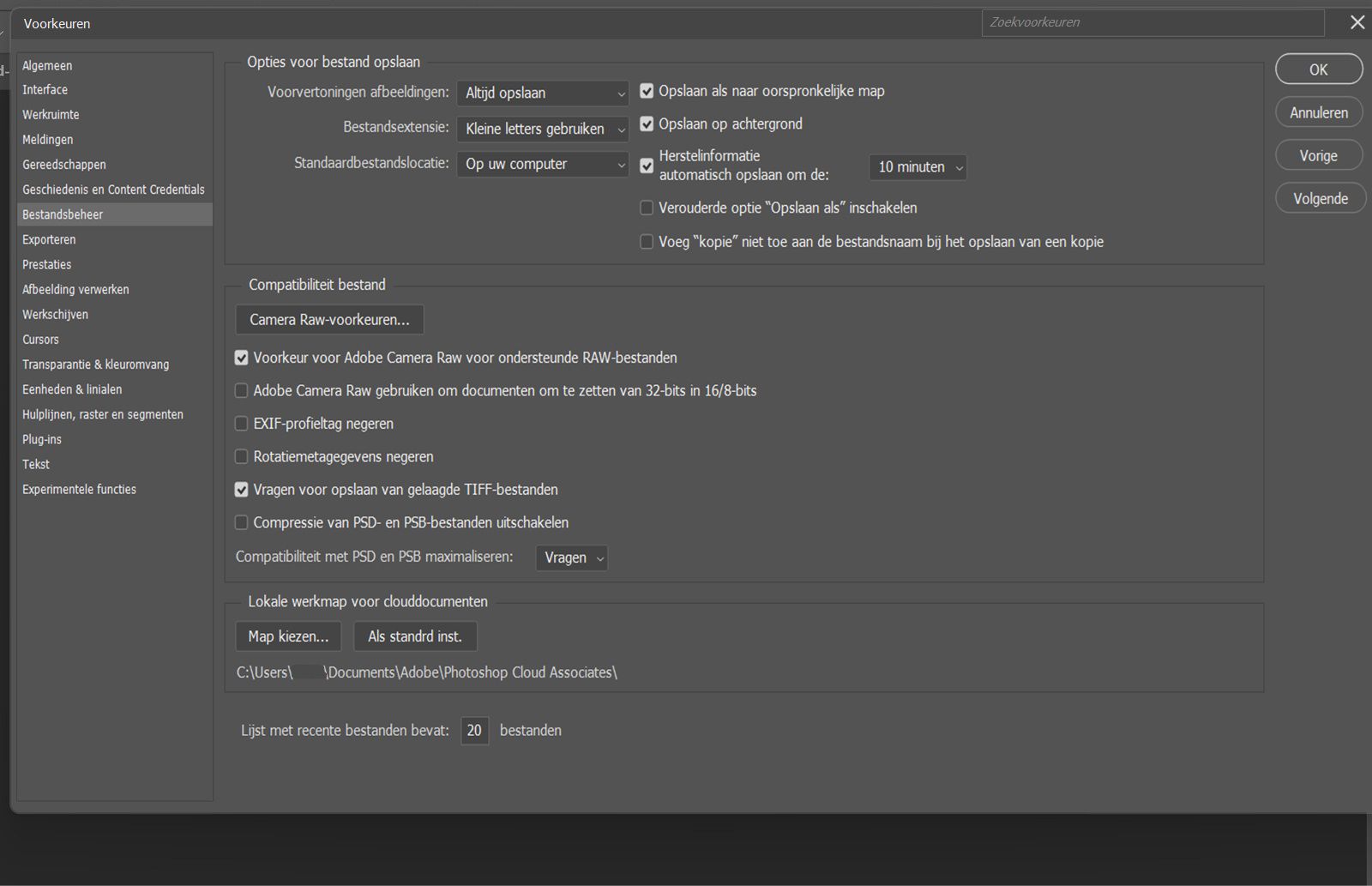 Het dialoogvenster Voorkeuren is geopend en het paneel Bestandsverwerking wordt weergegeven met opties om het opslaan van bestanden, herstelintervallen, standaard bestandslocaties en compatibiliteitsinstellingen in te stellen.