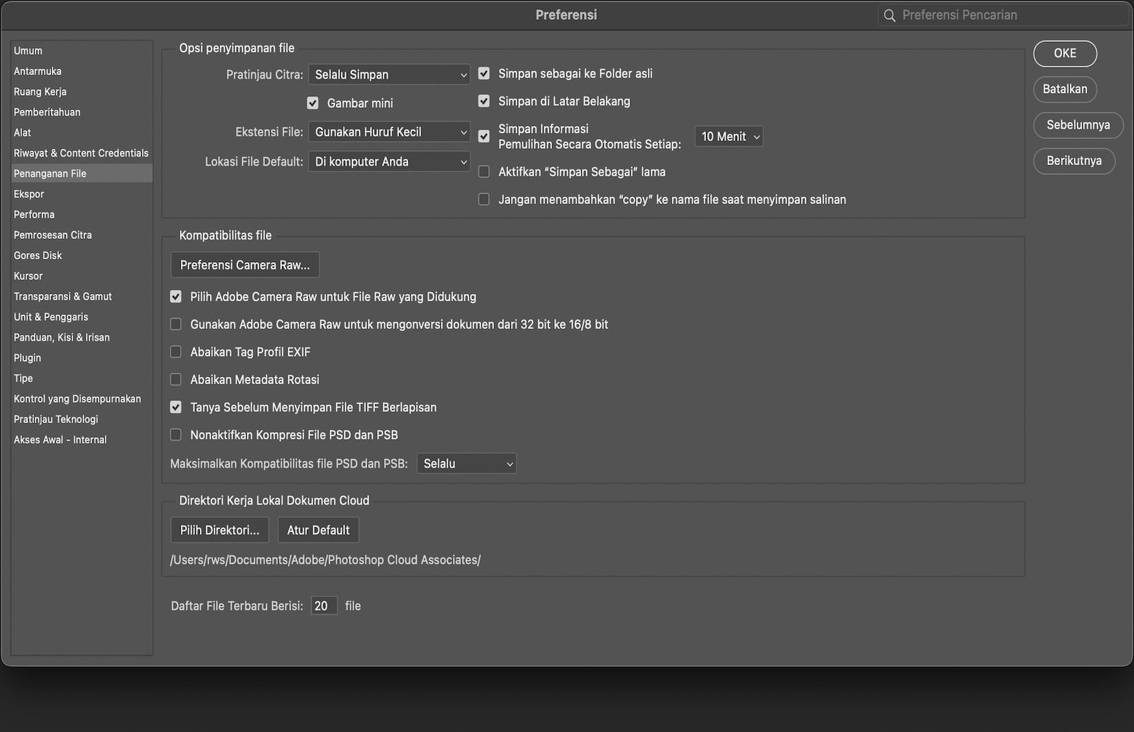 Kotak dialog Preferensi terbuka dan panel Penanganan File ditampilkan dengan opsi untuk mengatur perilaku penyimpanan file, interval reparasi, lokasi file default, dan pengaturan kompatibilitas.
