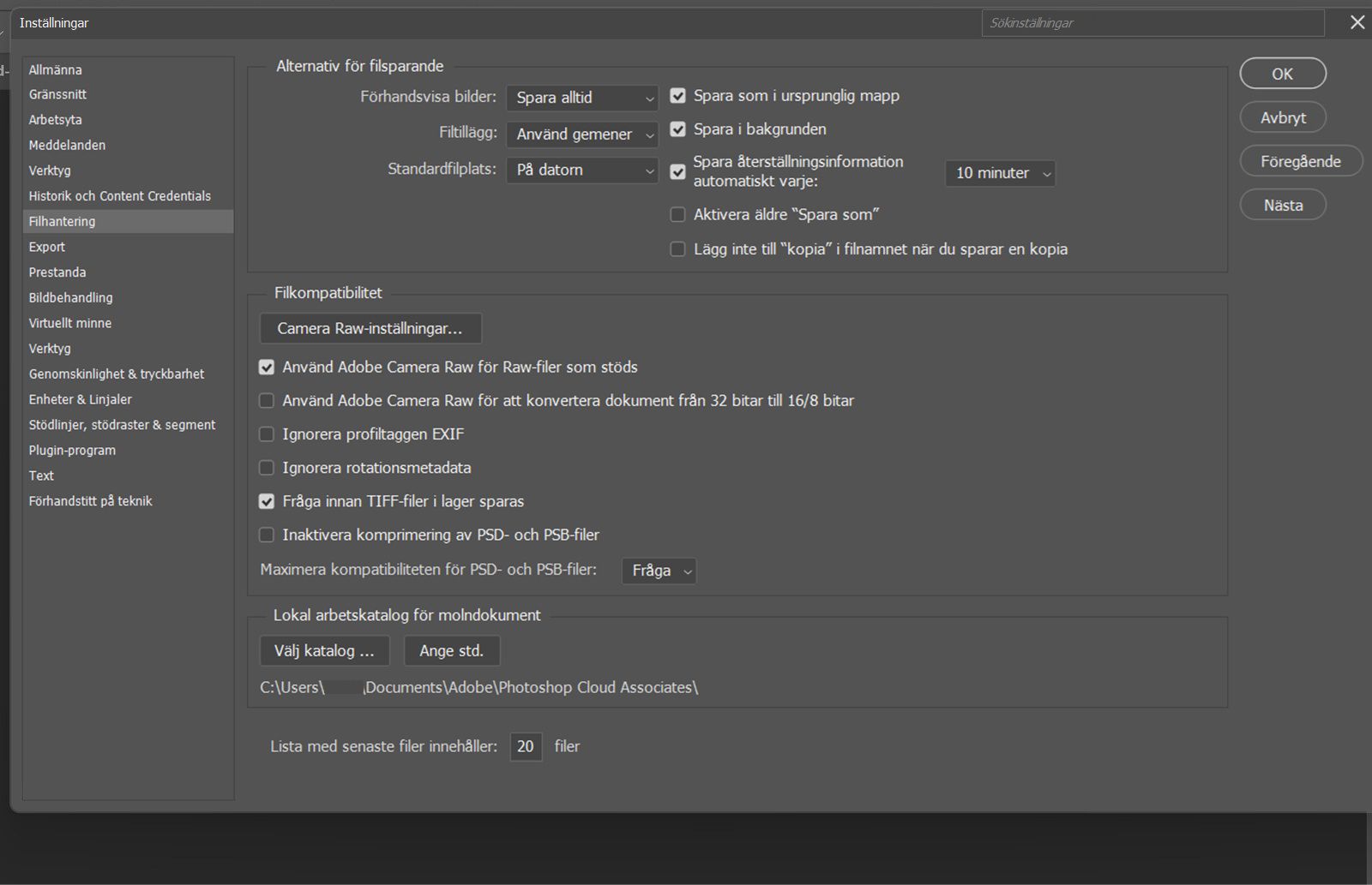Dialogrutan Preferences är öppen och panel File Handling visas med alternativ för att ställa in filsparande, återställningsintervall, standardfilplatser och kompatibilitetsinställningar.