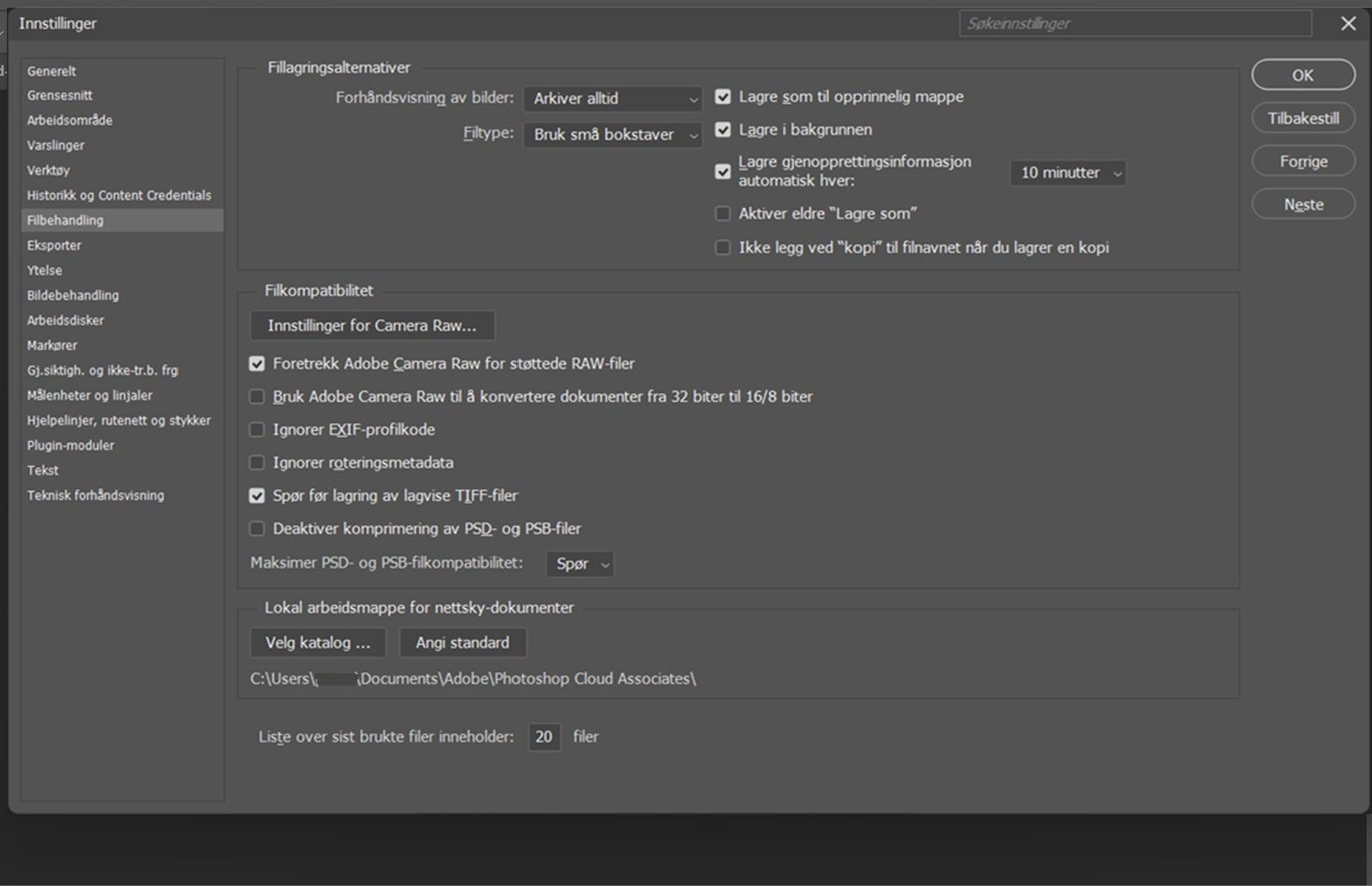 Dialogboksen Innstillinger er åpen og panelet Filhåndtering vises med alternativer for å angi fillagringsatferd, gjenopprettingsintervaller, standard filplasseringer og kompatibilitetsinnstillinger.