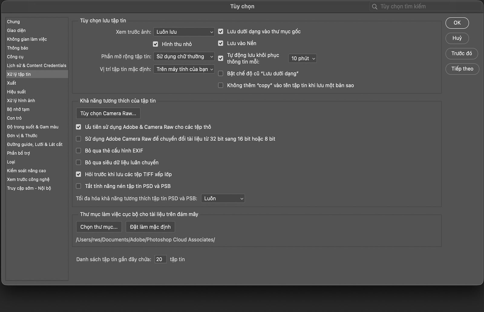 Hộp thoại Tùy chọn đang mở và bảng Xử lý tập tin hiển thị các tùy chọn thiết lập thao tác lưu tập tin, khoảng thời gian khôi phục, vị trí tập tin mặc định và cài đặt tương thích.