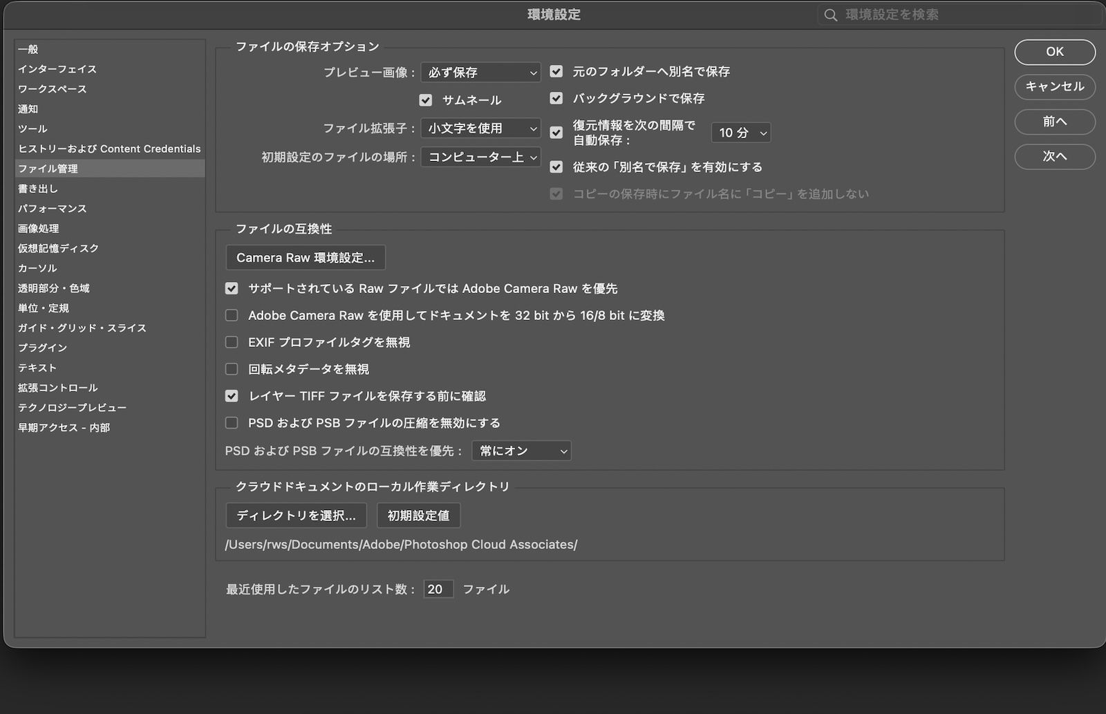 環境設定ダイアログボックスが開き、ファイルの保存動作、復元間隔、デフォルトのファイルの場所、互換性設定を設定するオプションがファイル管理パネルに表示されます。