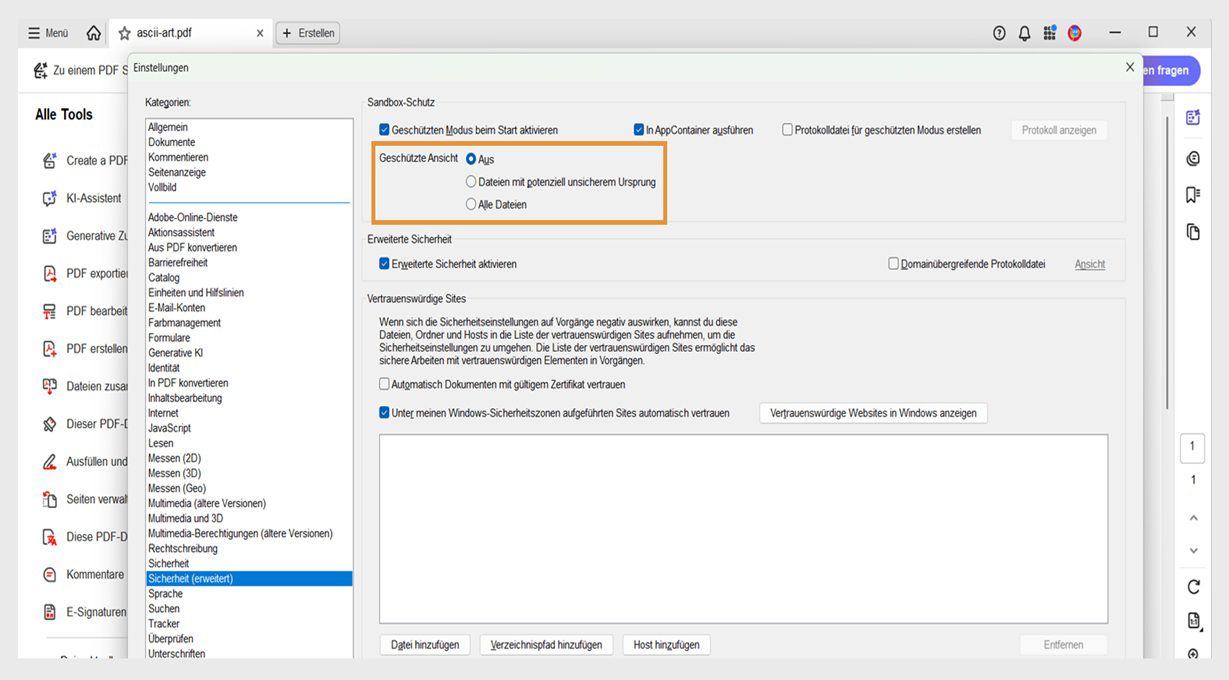 Dialogfeld „Sicherheitseinstellungen“ in Acrobat mit Einstellungen für den geschützten Modus und Optionen für vertrauenswürdige Bereiche zum Verwalten der Dateisicherheit.