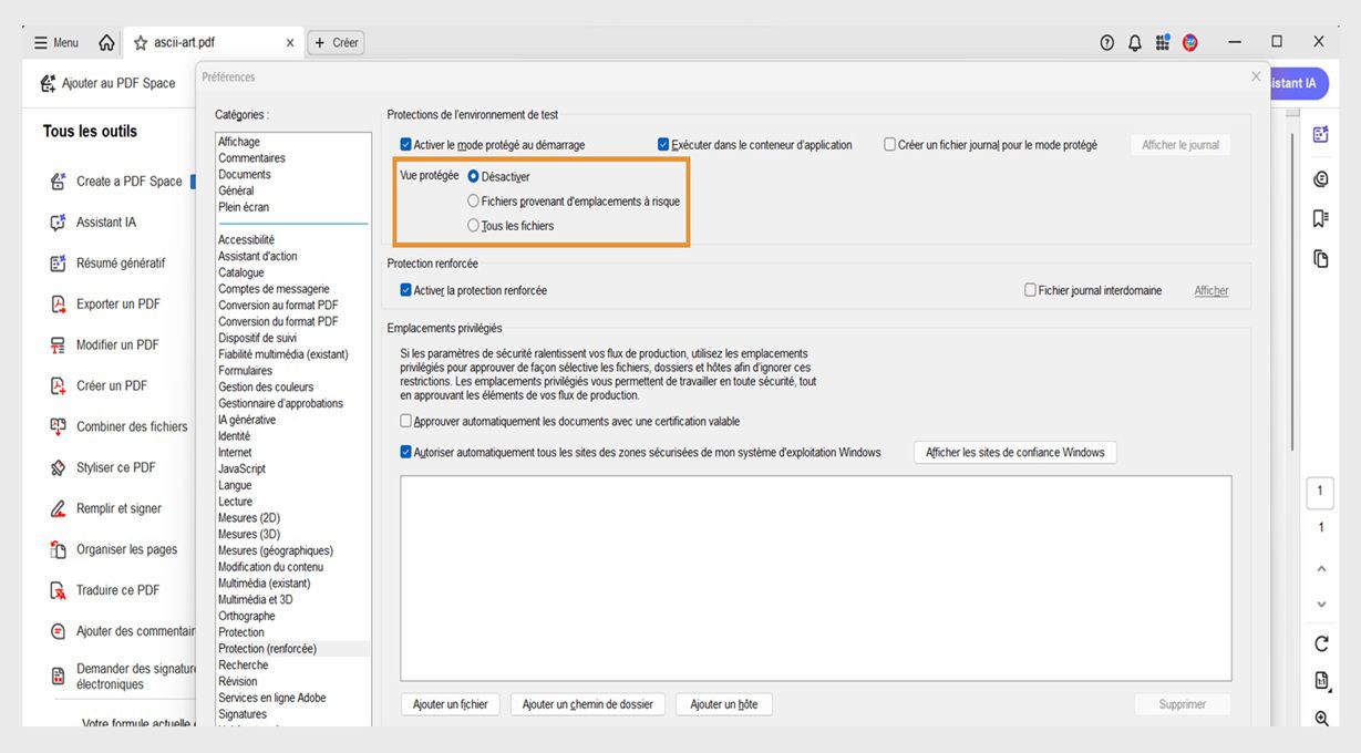 Boîte de dialogue des préférences de protection dans Acrobat montrant les paramètres de la vue protégée et les options de sites de confiance pour gérer la protection des fichiers.