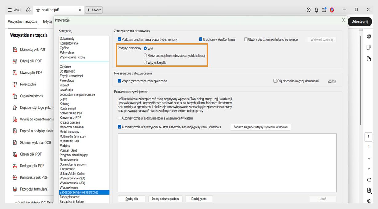 Okno dialogowe preferencji zabezpieczeń w programie Acrobat pokazujące ustawienia widoku chronionego i opcje zaufanych witryn do zarządzania bezpieczeństwem plików.