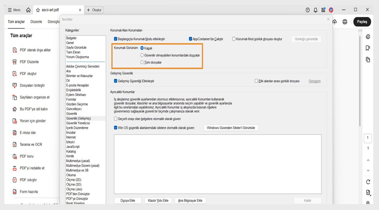 Acrobat'ta Korumalı Görünüm ayarlarını ve dosya güvenliğini yönetmek için güvenilir site seçeneklerini gösteren güvenlik tercihleri iletişim kutusu.