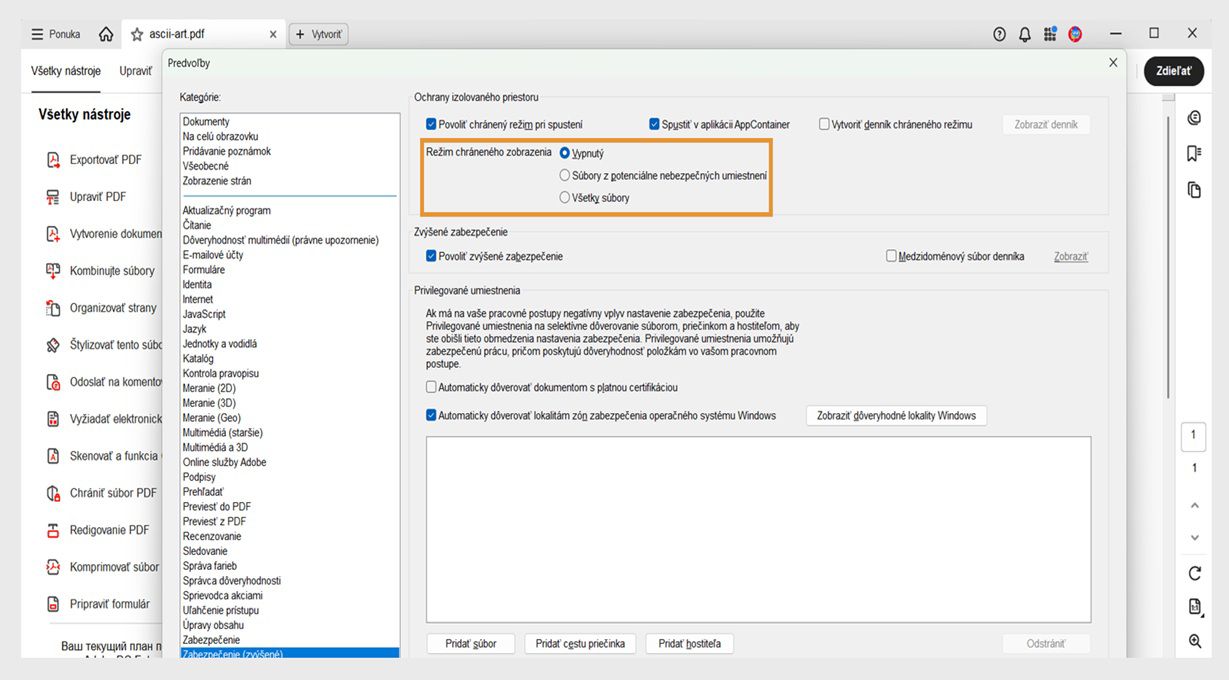 Dialógové okno preferencií zabezpečenia v programe Acrobat zobrazujúce nastavenia chráneného zobrazenia a možnosti dôveryhodných lokalít na správu bezpečnosti súborov.