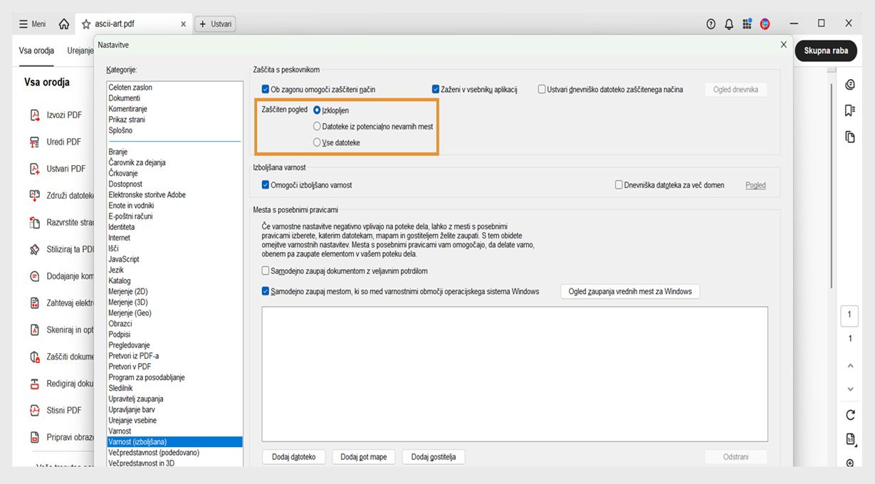 Pogovorno okno varnostnih nastavitev v programu Acrobat, ki prikazuje nastavitve zaščitenega pogleda in možnosti zaupanja vrednih mest za upravljanje varnosti datotek.