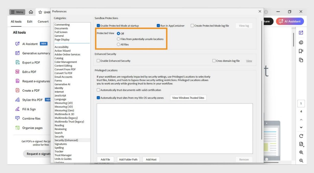 مربع حوار تفضيلات الأمان في Acrobat يعرض إعدادات العرض المحمي وخيارات الموقع الموثوق به لإدارة أمان الملفات.