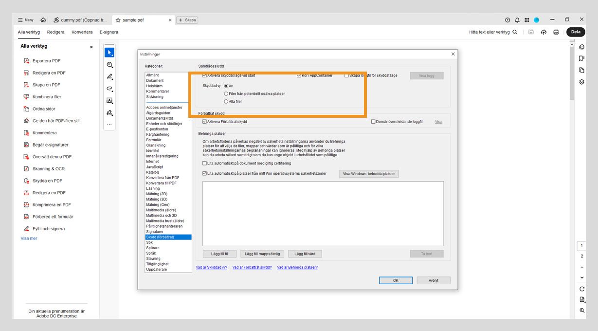Dialogrutan för säkerhetsinställningar i Acrobat visar inställningar för Skyddad vy och alternativ för betrodda platser för att hantera resurssäkerhet.