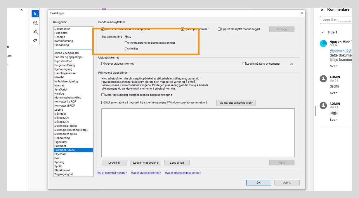 Dialogboksen for sikkerhetsinnstillinger i Acrobat som viser innstillinger for Beskyttet visning og alternativer for klarerte områder for å administrere filsikkerhet.