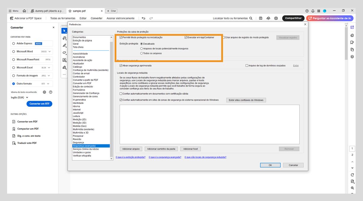 Caixa de diálogo de preferências de segurança no Acrobat mostrando as Configurações de Visualização Protegida e opções de locais confiáveis para gerenciar a segurança dos arquivos.