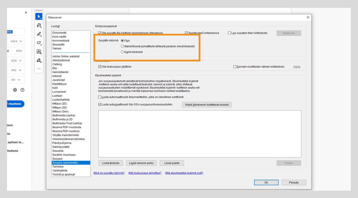 Acrobatin tietoturva-asetusten valintaikkuna, jossa näkyvät suojatun näkymän asetukset ja luotettujen sivustojen vaihtoehdot tiedostojen turvallisuuden hallintaan.