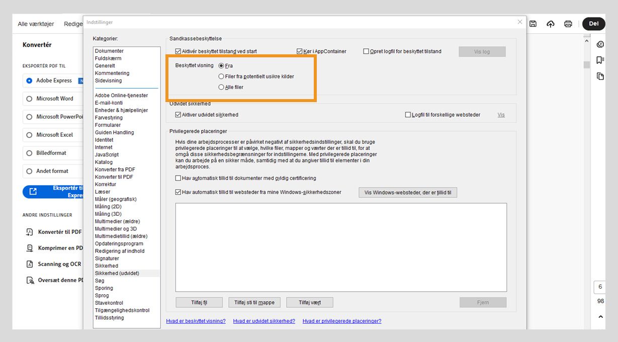Dialogboksen for sikkerhedsindstillinger i Acrobat, der viser indstillinger for beskyttet visning og betroede websteder til håndtering af filsikkerhed.
