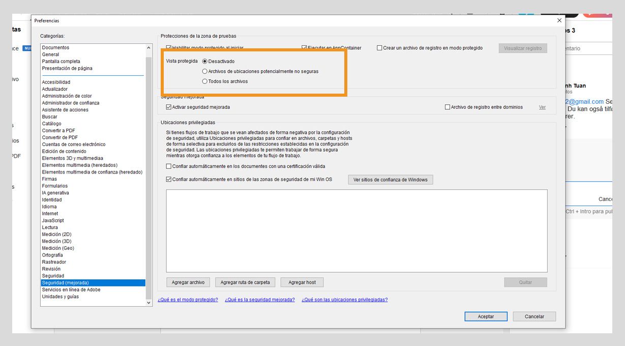 Cuadro de diálogo de preferencias de seguridad en Acrobat que muestra la configuración de Vista protegida y las opciones de sitios de confianza para administrar la seguridad de los archivos.