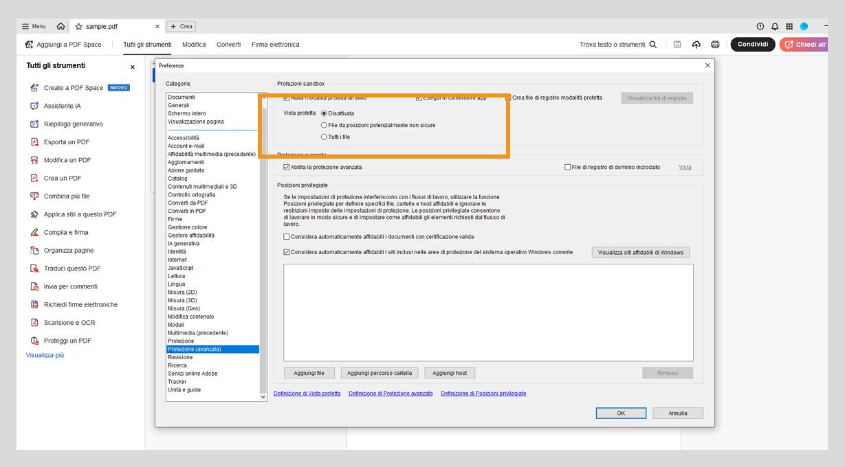 Finestra di dialogo delle preferenze di protezione in Acrobat che mostra le Impostazioni di visualizzazione protetta e le opzioni dei siti attendibili per gestire la sicurezza dei file.