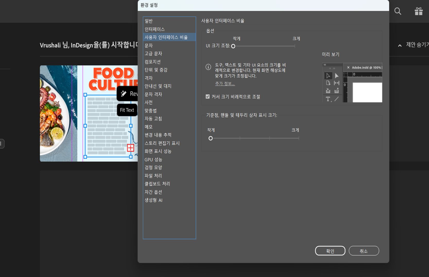 UI 크기 조절 슬라이더와 미리보기를 포함한 모든 사용자 인터페이스 크기 조절 컨트롤을 표시하는 환경 설정 대화 상자