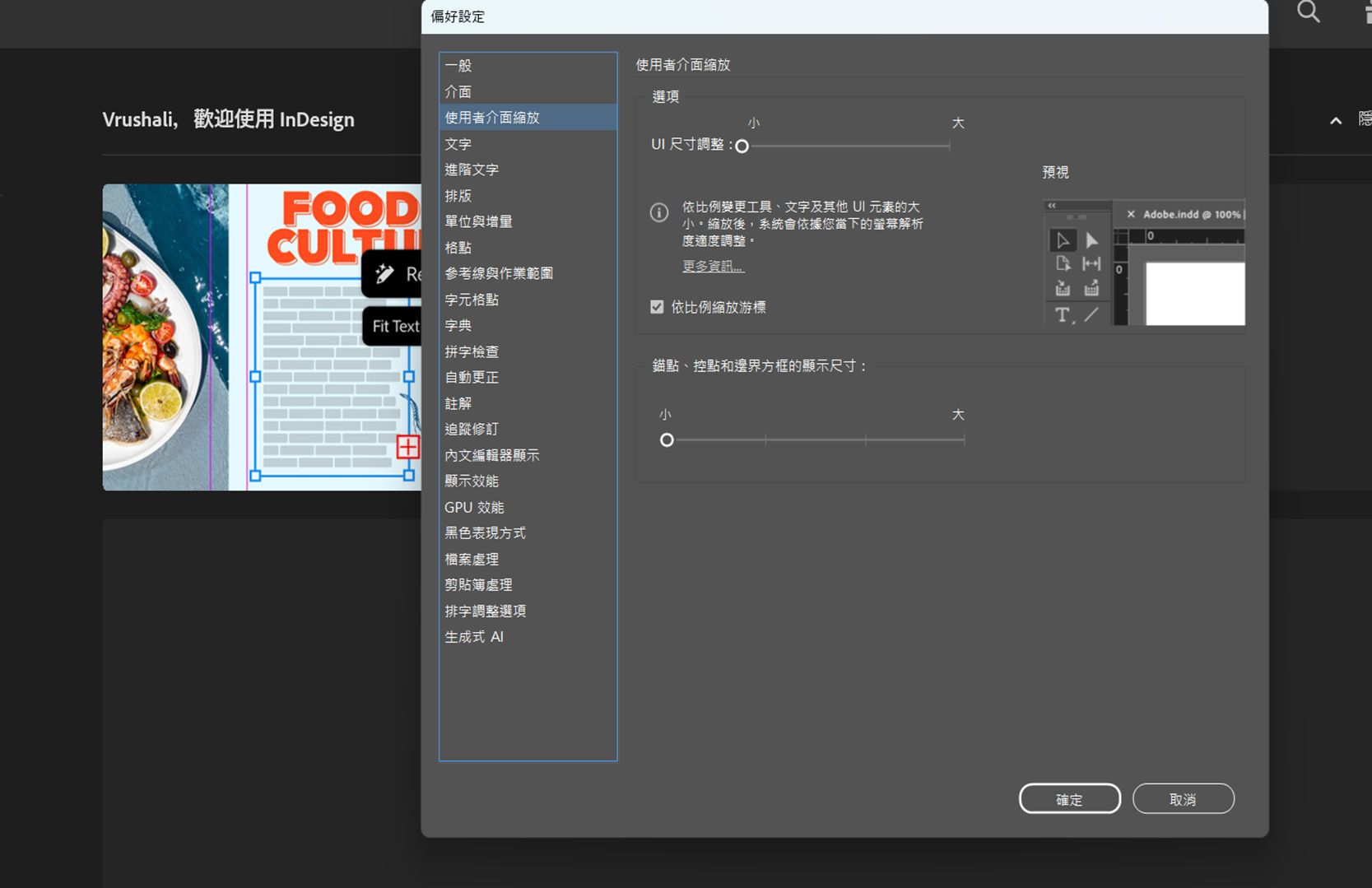 「偏好設定」對話框顯示所有使用者介面縮放控制項，包括 UI 尺寸滑桿和預覽。