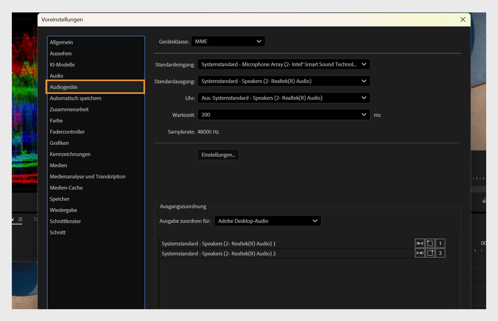 Das Dialogfeld „Voreinstellungen“ zeigt das Bedienfeld „Audiogerät“ mit Optionen zur Einrichtung der Audiogeräte an.