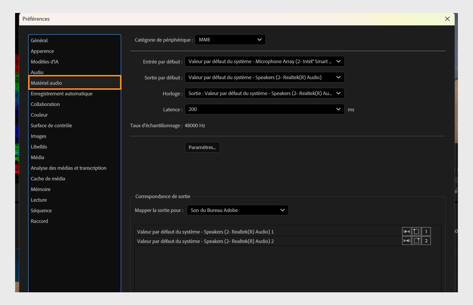 La boîte de dialogue Préférences affiche le panneau Matériel audio avec des options pour configurer les appareils audio.