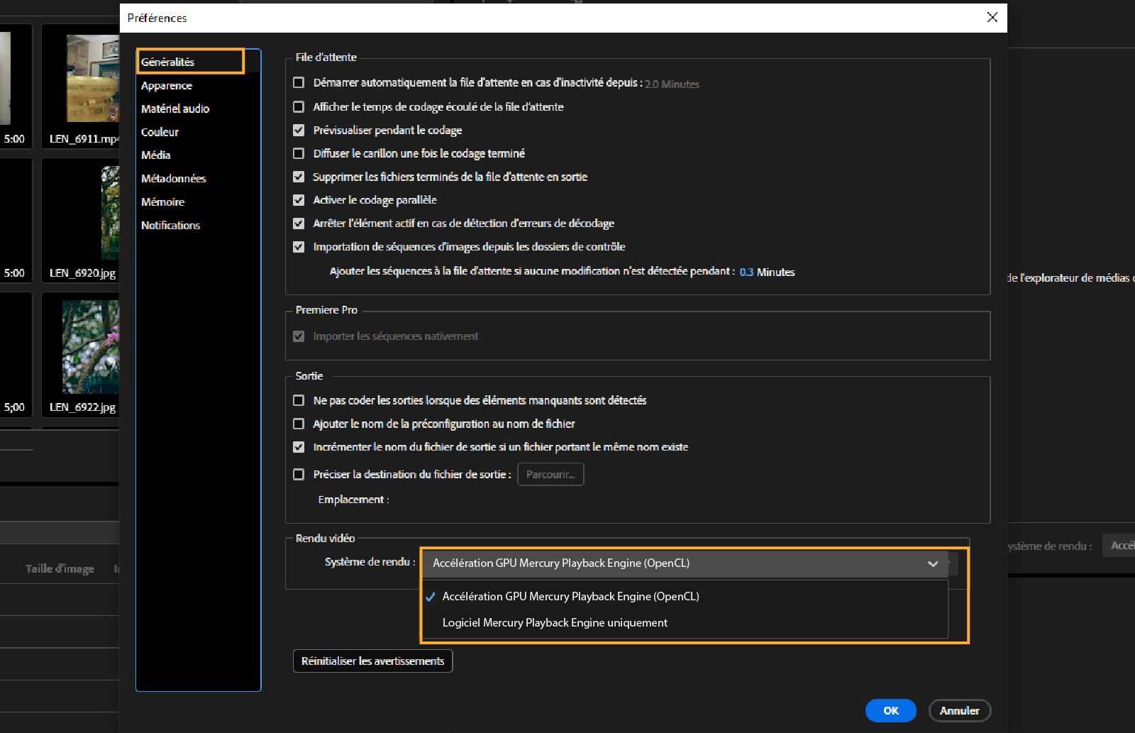 La boîte de dialogue Préférences est ouverte.Dans le panneau Général, dans la section Rendu vidéo, le menu déroulant Moteur de rendu avec l’option Accélération par le GPU du Mercury Playback Engine (OpenCL) est mis en surbrillance.