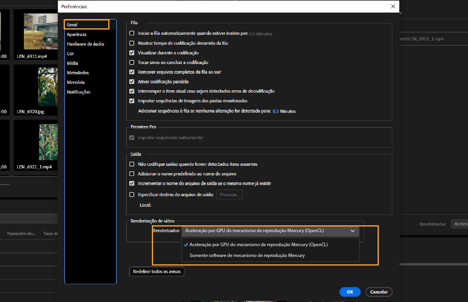 A caixa de diálogo “Preferências” está aberta. No painel Geral, seção Renderização de vídeo, o menu suspenso Renderizador com a opção Aceleração de GPU do Mercury Playback Engine (OpenCL) está destacado.