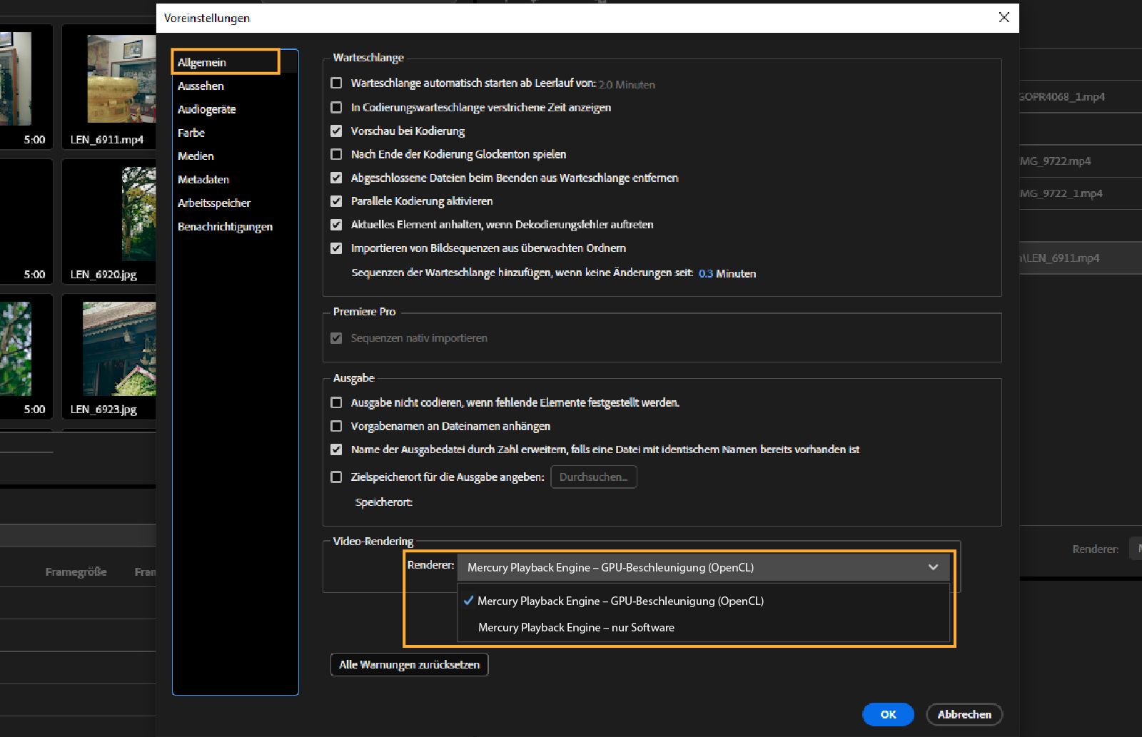 Das Dialogfeld „Voreinstellungen“ ist geöffnet. Im Bedienfeld „Allgemein“ ist im Abschnitt „Video-Rendering“ das Dropdown-Menü „Renderer“ mit der Option „Mercury Playback Engine GPU-Beschleunigung (OpenCL)“ hervorgehoben. 
