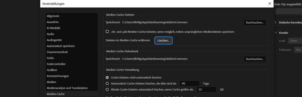 Das Dialogfeld „Voreinstellungen“ ist geöffnet und die Optionen „Medien-Cache“ und „Löschen“ sind hervorgehoben. Wähle „Löschen“ aus, um den Medien-Cache zu löschen. 