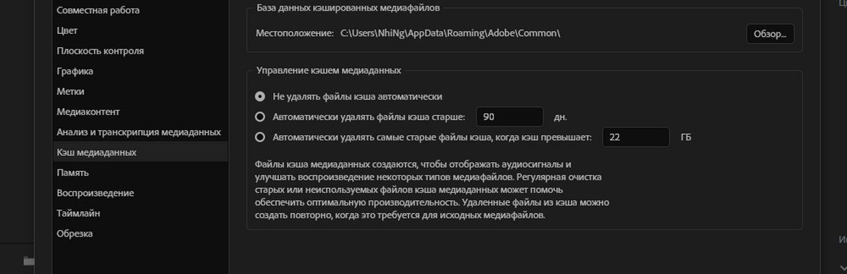 Открыто диалоговое окно «Настройки», в котором выделены параметры «Управление кэшем медиаданных» и «Не удалять файлы кэша автоматически». 