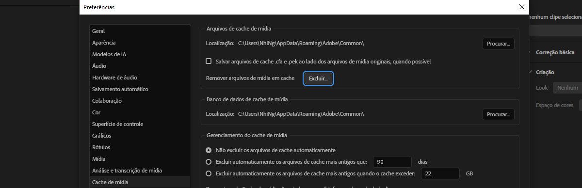A caixa de diálogo “Preferências” aberta com as opções “Cache de mídia” e “Excluir” realçadas. Selecione “Excluir” para limpar o cache de mídia. 
