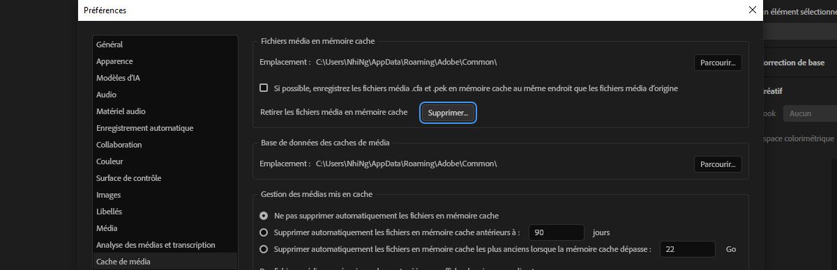 La boîte de dialogue Préférences s’ouvre et les options Cache de média et Supprimer sont mises en surbrillance.Sélectionnez Supprimer pour effacer le cache de média. 