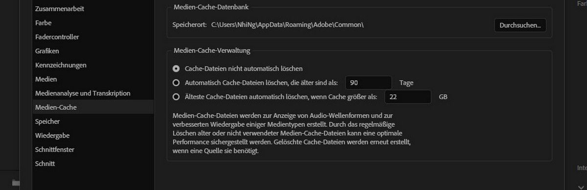 Das Dialogfeld „Voreinstellungen“ ist geöffnet, und die Optionen „Medien-Cache-Verwaltung“ und „Cache-Dateien nicht automatisch löschen“ sind hervorgehoben. 