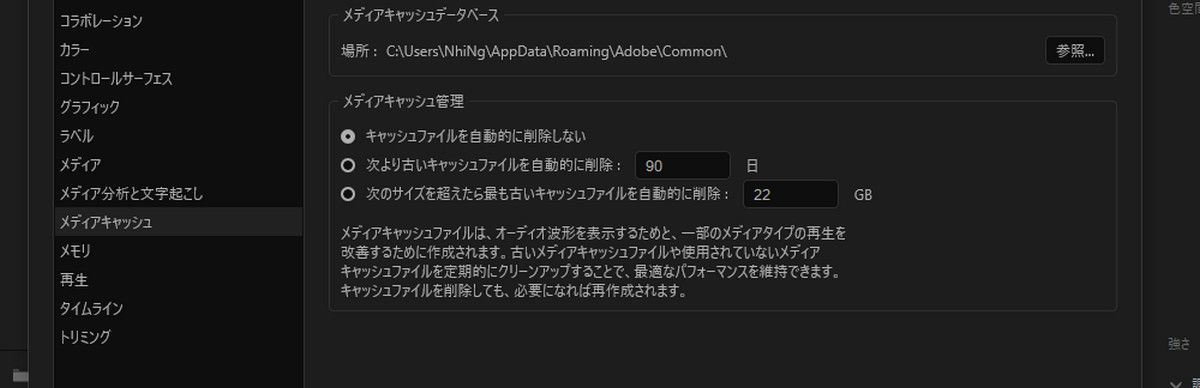 環境設定ダイアログが開き、「メディアキャッシュ管理」と「キャッシュファイルを自動的に削除しない」オプションがハイライト表示されています。