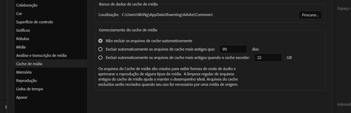 A caixa de diálogo “Preferências” está aberta, com as opções “Gerenciamento do cache de mídia” e “Não excluir arquivos do cache automaticamente” realçadas. 