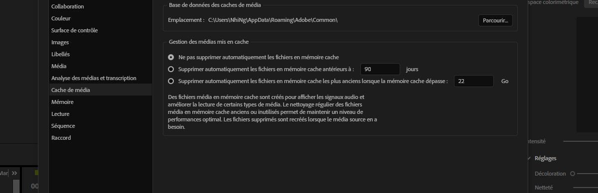 La boîte de dialogue Préférences est ouverte et les options Gestion des médias mis en cache et Ne pas supprimer automatiquement les fichiers en mémoire cache sont mises en surbrillance.