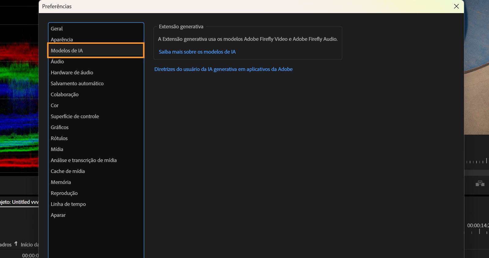 A caixa de diálogo Preferências está aberta com o painel Modelos de IA exibido, mostrando informações sobre a Extensão generativa desenvolvida pelo Adobe Firefly.