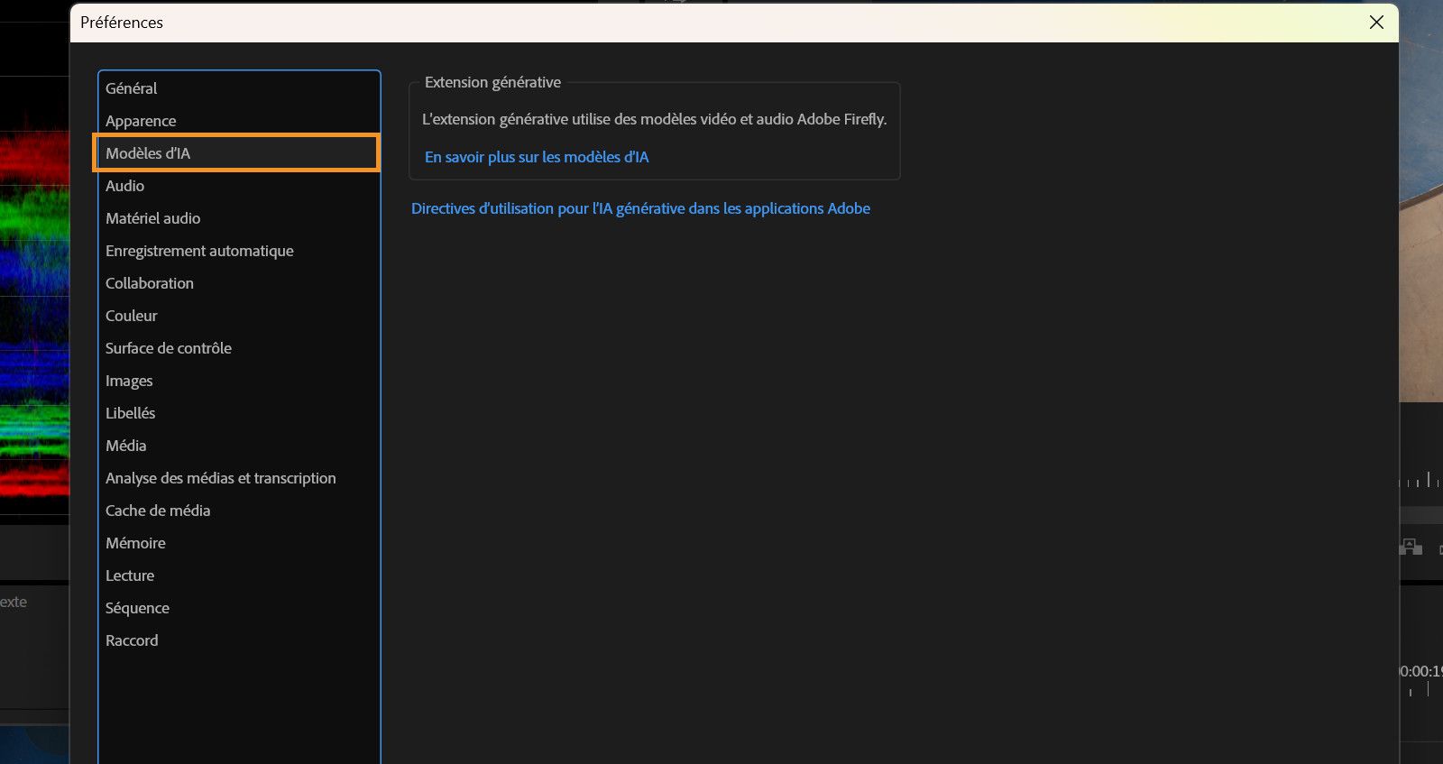 La boîte de dialogue Préférences est ouverte avec le panneau Modèles d’IA affiché, montrant des informations sur l’extension générative optimisée par Adobe Firefly.