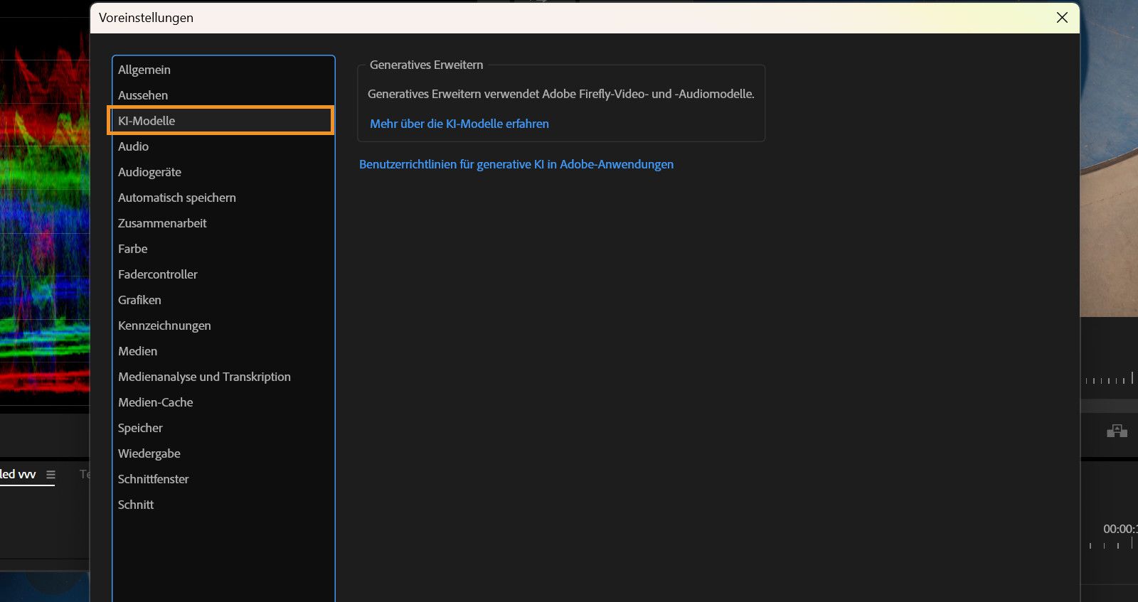 Das Dialogfeld „Voreinstellungen“ ist geöffnet und zeigt das Bedienfeld „KI-Modelle“ an, das Informationen über Generatives Erweitern auf Basis von Adobe Firefly enthält.