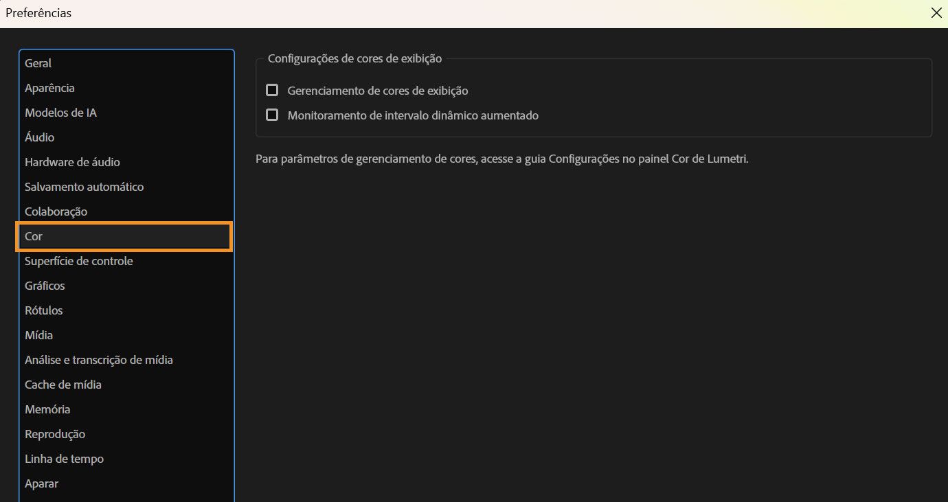 A caixa de diálogo “Preferências” está aberta com o painel “Cor” exibido, onde os usuários podem selecionar opções para ajustar como as cores aparecem na tela e habilitar visualizações de vídeo mais vívidas e com mais brilho em telas compatíveis.