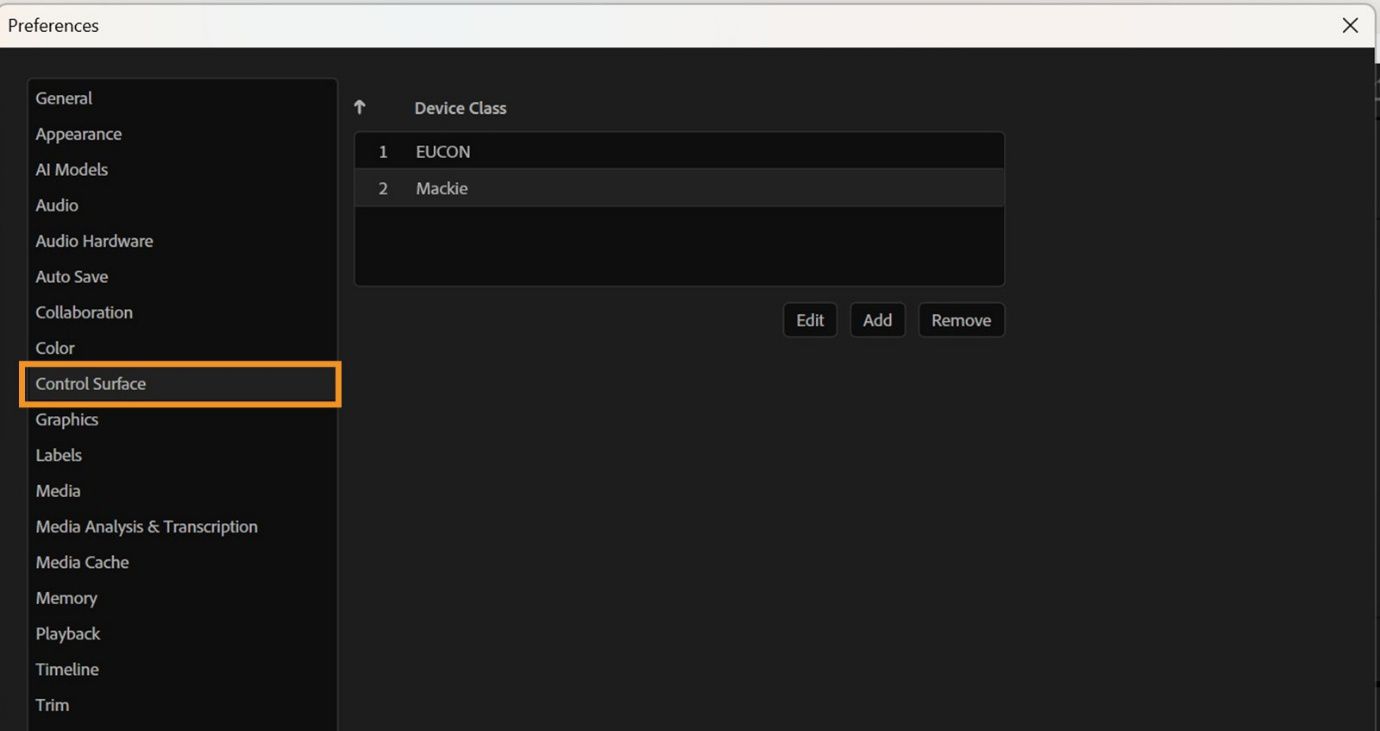 El cuadro de diálogo Preferencias está abierto con el panel de superficie de control visible, donde puede añadir, editar o eliminar dispositivos de superficie de control compatibles.